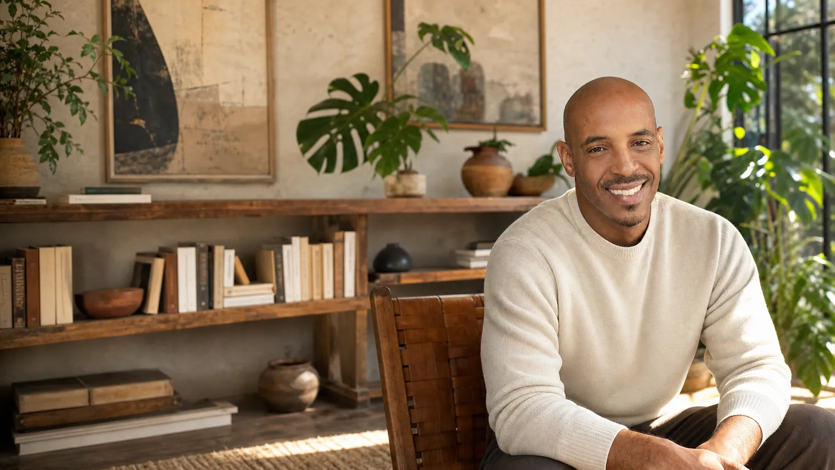 Brant Richards seated in a sunlit room of books and plants