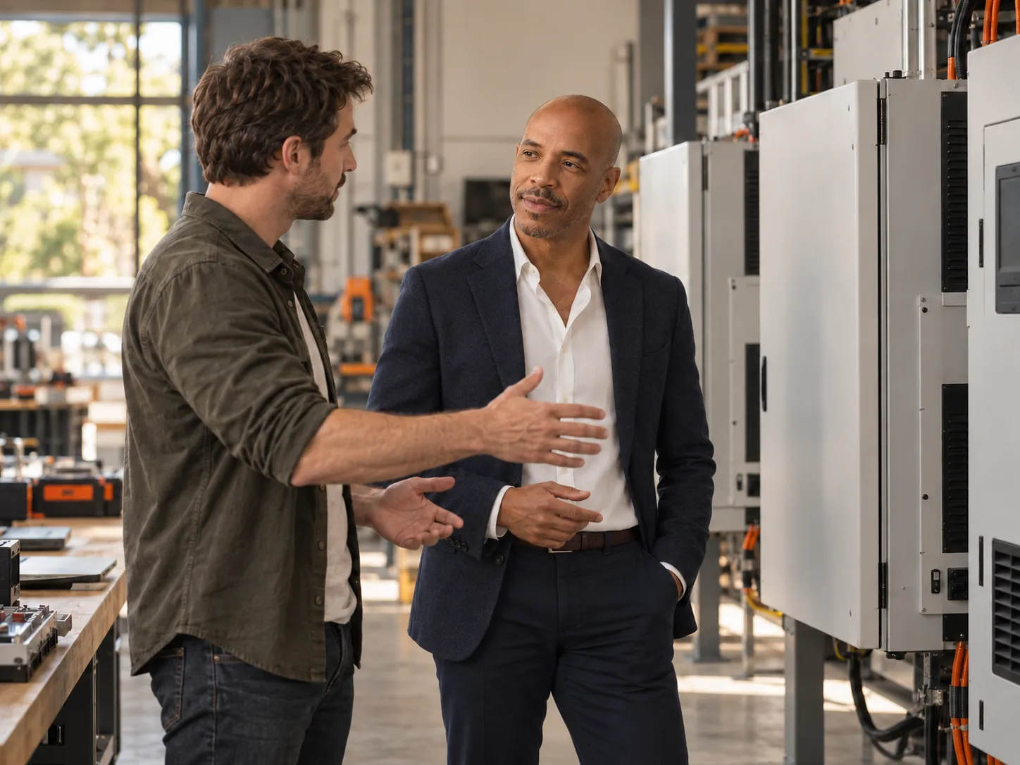 Brant in conversation with an engineer beside battery cabinets in a workshop