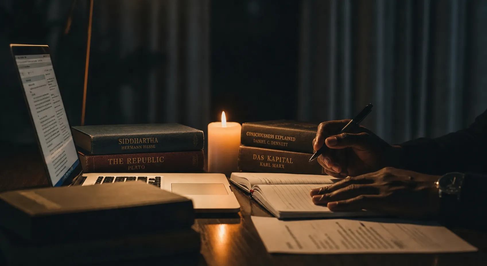 A writing desk by candlelight with open notebooks and books